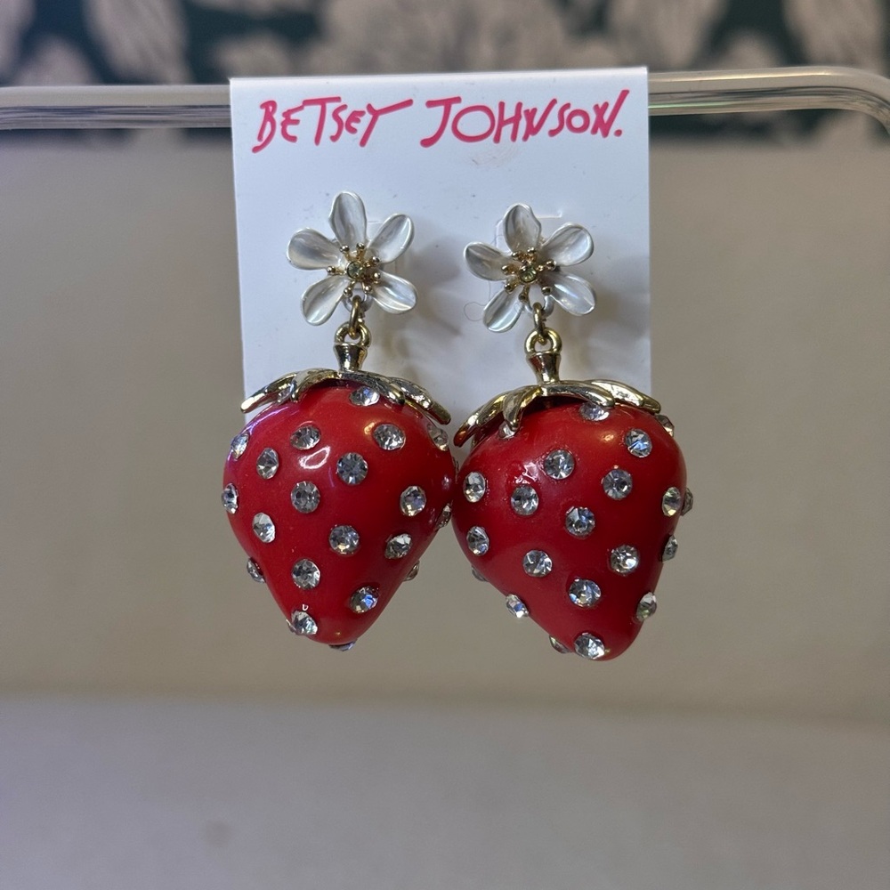Betsey Johnson Red Strawberry Crystal Drop Earrings